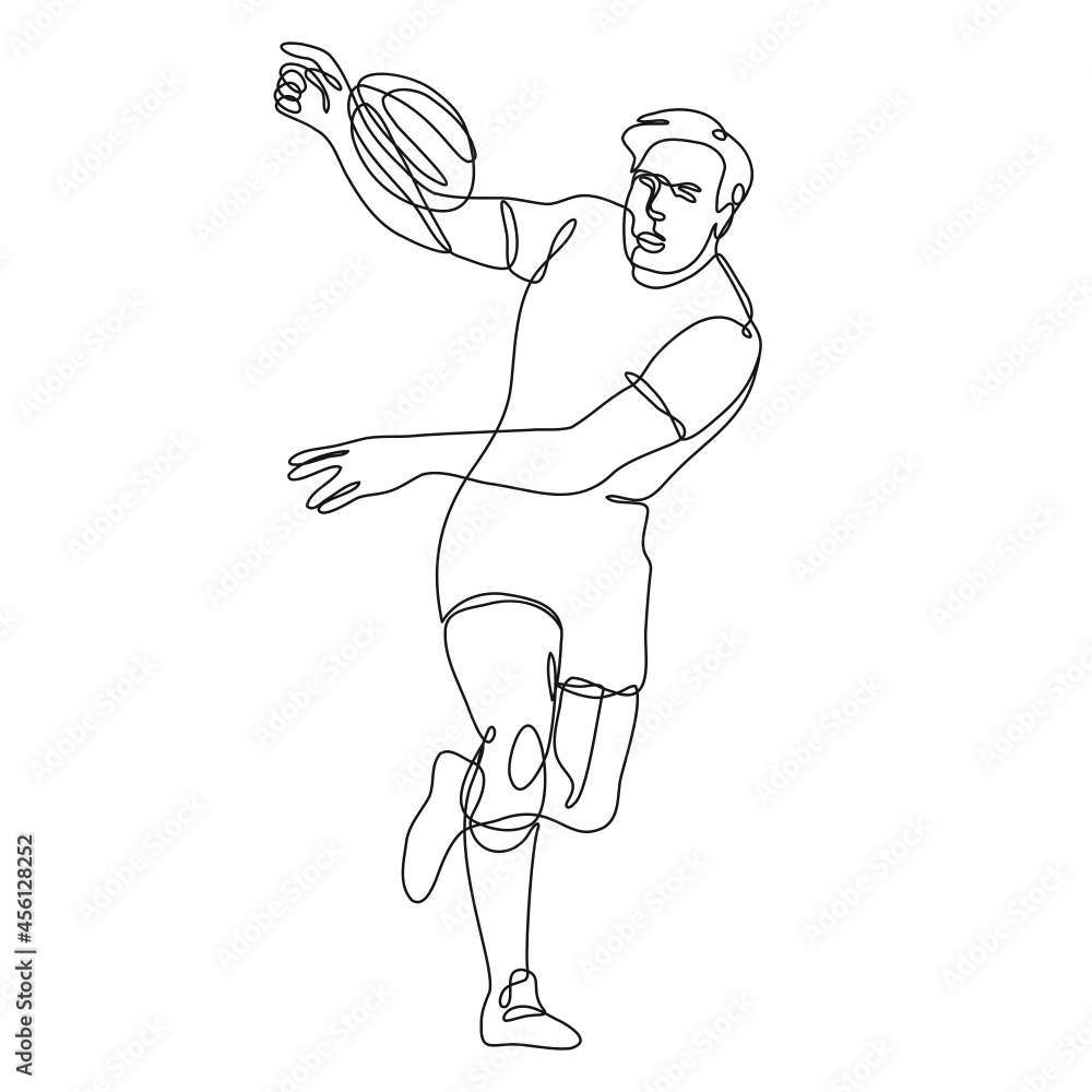 Poster continuous line drawing illustration of a rugby union player running passing ball front view done in