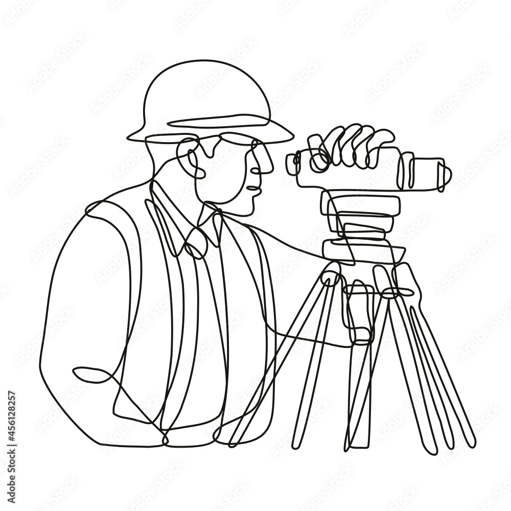 Poster continuous line drawing illustration of a geodetic surveyor using a theodolite side view done in mon