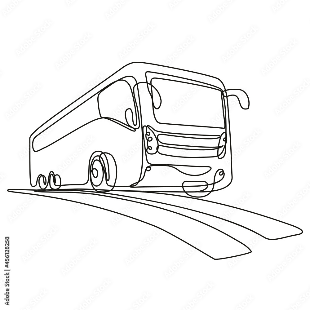 Poster continuous line drawing illustration of a tourist coach or shuttle bus low angle view done in mono l