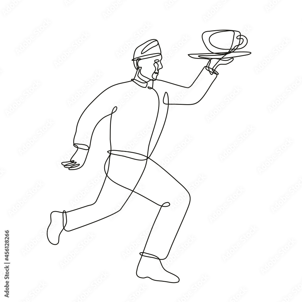 Poster continuous line drawing illustration of a waiter delivering cup of coffee running side view done in 
