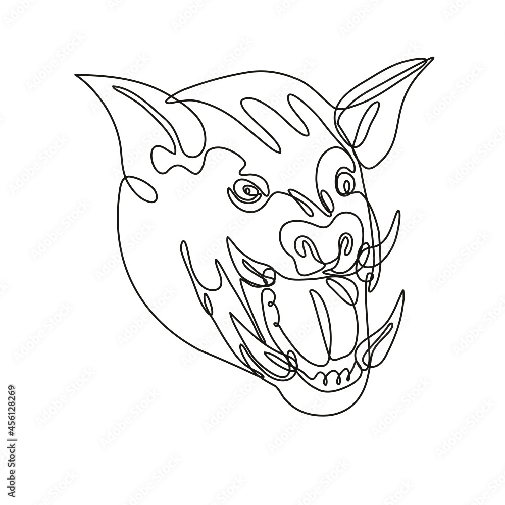 Poster continuous line drawing illustration of an angry wild boar head front view done in mono line or dood