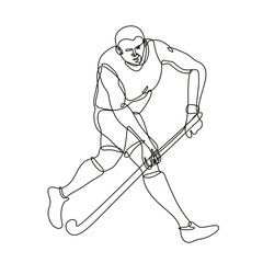Continuous line drawing illustration of a field hockey running with hockey stick done in mono line or doodle style in black and white on isolated background.  - obrazy, fototapety, plakaty
