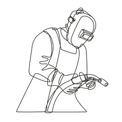 Continuous line drawing illustration of a Mig welder with visor holding welding torch done in mono line or doodle style in black and white on isolated background.  - obrazy, fototapety, plakaty