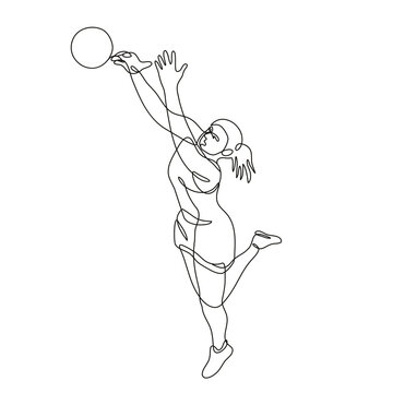 recommend clip art: Continuous line drawing illustration of a netball player Rebounding and Catching the ball done in mono line or doodle style in black and white on isolated background. 