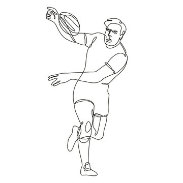 recommend clip art: Continuous line drawing illustration of a rugby union player running passing ball front view done in mono line or doodle style in black and white on isolated background. 