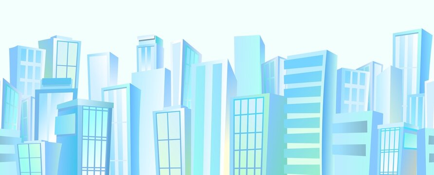Big blue city from afar. Skyscrapers and large buildings. Cartoon flat style illustration. Blue city landscape Cityscape. Seamless composition horizontal. Vector.