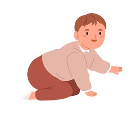 Happy smiling baby start crawling. Cute little kid trying to move on his hands and knees. Joyful child portrait. Adorable joyous boy. Flat vector illustration isolated on white background