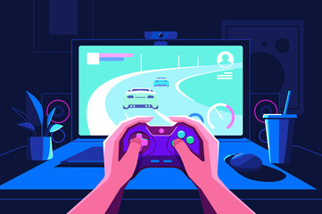 Gamer hands holding console in front of screen - obrazy, fototapety, plakaty