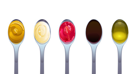 Big sauce in spoons set. Soy, Olive Oil, Mustard, Ketchup and Mayonnaise sauces. Condiment elements for food design.