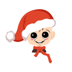Avatar of a child with big eyes and a wide happy smile in a red Santa hat. Cute kid with a joyful face in a festive costume for new year and Christmas. Head of adorable baby with joyful emotions