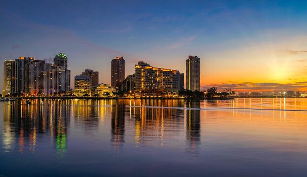 downtown sunrise Brickell key panorama buildings miami island sky sea reflections buildings florida travel 