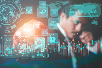 innovative fighting concept business man wearing boxing gloves with hologram technology online business investment trading network
