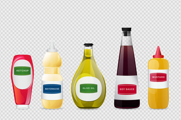 Big sauce in bottles set. Soy, Olive Oil, Mustard, Ketchup and Mayonnaise sauces. Condiment elements for food design.