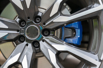 Brake discs and brake caliper of the car, Super Car Brakes. Disc Brake. Car Brakes Closeup Photo