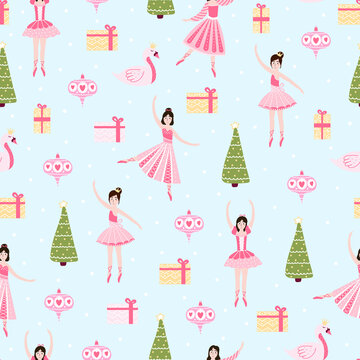 Colourful christmas seamless pattern with ballerina and xmas tree, gift boxes for wrapping paper or chidren textile