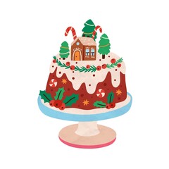 Christmas cake with festive decoration. Baked sponge dessert with Xmas stick, gingerbread house, firs, berries. Winter holiday pie. New Year food. Flat vector illustration isolated on white background