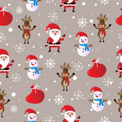 Christmas seamless pattern, christmas season with christmas tree, santa claus, reindeer,snowflakes,snow and gift bag on brown background,Merry christmas and Happy new year.