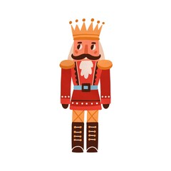 Nutcracker, vintage Christmas toy. Festive Xmas doll of cute English man with mustache in crown in retro style. Holiday statue of soldier. Flat vector illustration isolated on white background