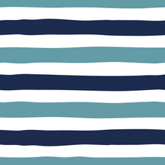 Obraz premium Coastal stripe seamless vector pattern. Organic, hand drawn, rough textured horizontal lines in aqua, turquoise, white and navy blue. Geometric, fresh, nautical style repeating background design.