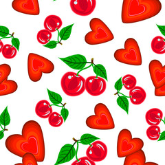 Romantic seamless pattern with a red heart and a cherry on a white background.THE VECTOR PATTERN CAN BE USED IN TEXTILES, PACKAGING.