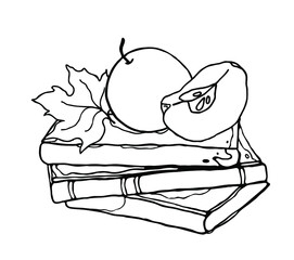 Autumn leaves, apples and books. The beginning of the school year. Harvest day. Isolated on a white background.