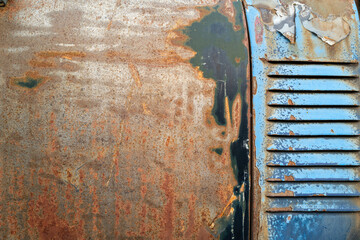 Vent on the side of an antique truck with peeling paint