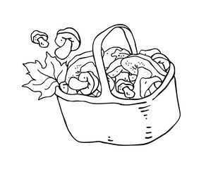 Basket with mushrooms. Thanksgiving and Harvest element. Isolated on a white background. 