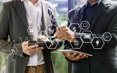 Business team present. professional investor working new start up project. tablet laptop computer with digital marketing media  in virtual icon