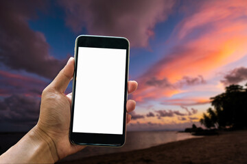 hand holding smart phone device in sky,river and mountain front view background
