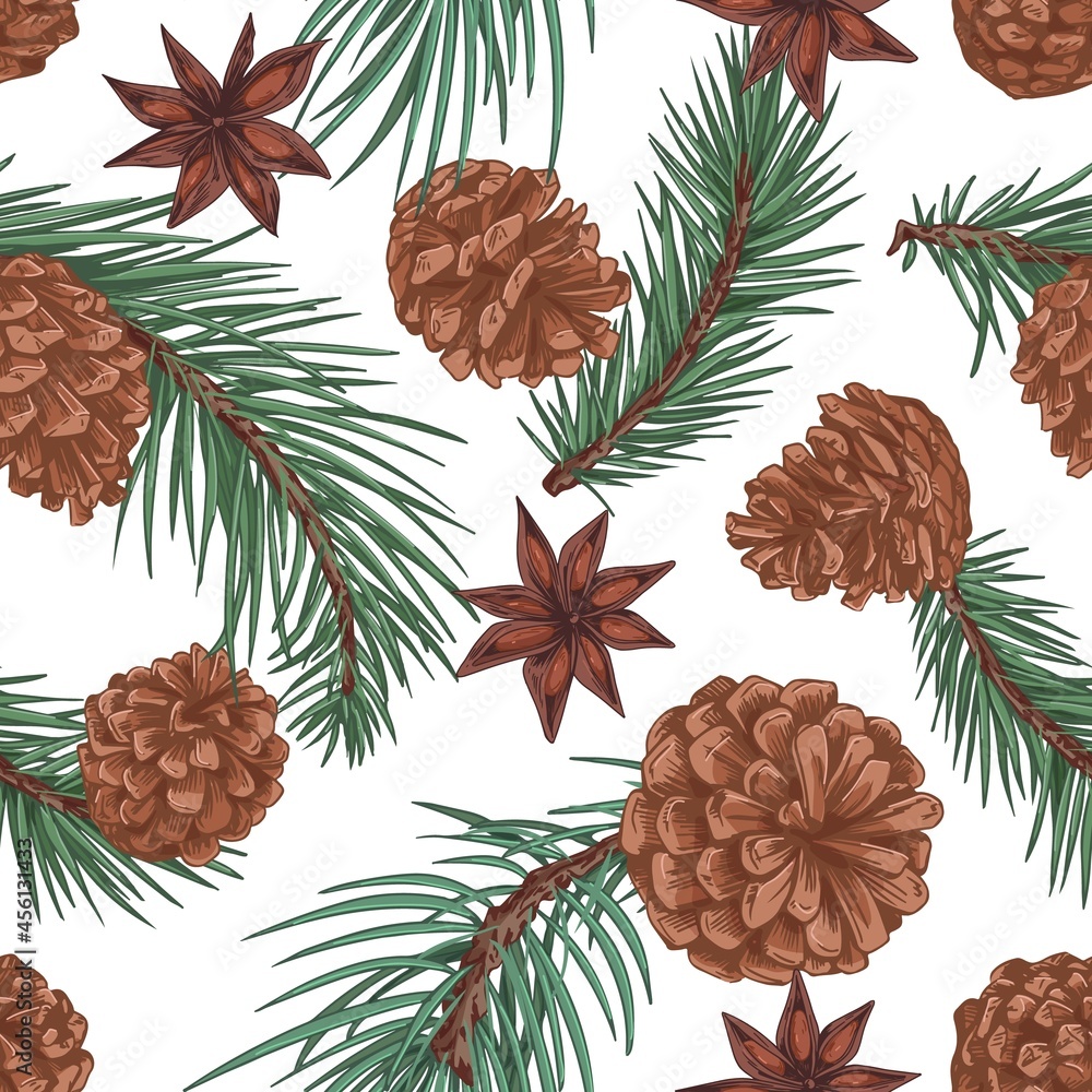 Aufkleber Seamless pattern with fir tree branches and cones on white background. Endless repeatable texture with Christmas spruce and anise stars. Vintage coniferous backdrop. Hand-drawn vector illustration