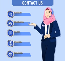 An attractive Muslim woman in office wear and hijab. Customer service or technical support landing page concept. vector illustration