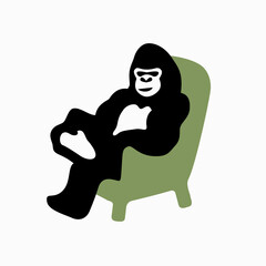 椅子に座るゴリラ、ロゴ、アイコンのためのシンプルなイラスト