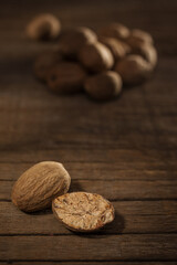 Close up and selective focus on a dried Nut Meg