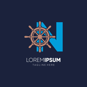 Letter N Ship Steering Wheel Logo Design Vector Icon Graphic Emblem Illustration Background Template