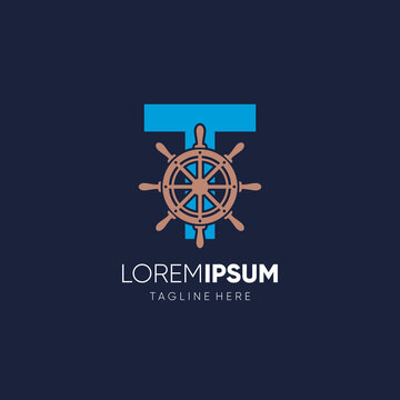Letter T Ship Steering Wheel Logo Design Vector Icon Graphic Emblem Illustration Background Template