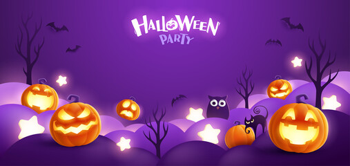 Happy Halloween. Group of 3D illustration glowing Jack O Lantern pumpkin on treat or trick fantasy fun party celebration purple background design.