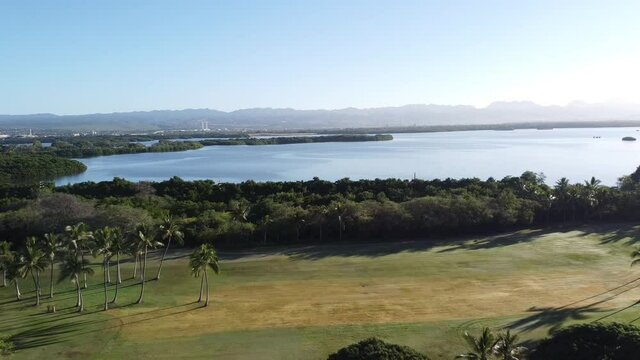 View of Pearl Harbor from the Ewa Beach Golf Course. Honolulu Hawaii.