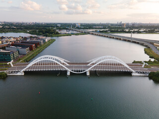 Aerial drone video of the Enneus Heermabrug in Amsterdam, The Netherlands going to Ijburg and Steigereiland Amsterdam Oost east.