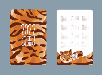 Tiger calendar design concept, cute tiger, new year character. 12 months. The symbol of the tiger of the New Year 2022. Vector illustration of a tiger portrait.