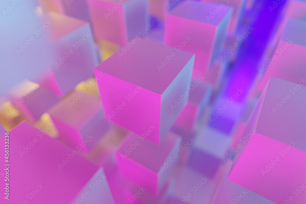 Poster 3d illustration of rows of pink cube.set of squares on monocrome background, pattern. geometry backg