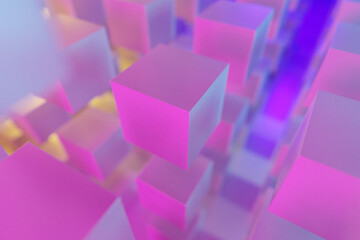 3d illustration of rows of  pink  cube.Set of squares on monocrome background, pattern. Geometry  background
