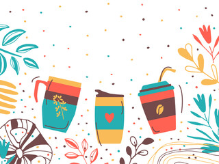 Template for advertising text. A set of cups of coffee in plants, flowers. Place for a slogan. Three espresso cups, reusable paper cup, thermo mug. Vector flat banner illustration.