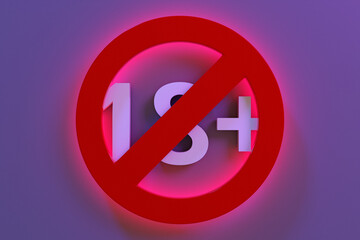 3d illustration of a red glowing 18 years age restriction sign on a purple background. Under 18 is prohibited sign. Number eighteen in a red circle with a line through it. Age restriction sign
