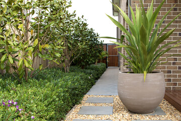 Modern garden in Melbourne with pavers and pebble