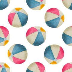 Watercolor beach balls, seamless pattern.
