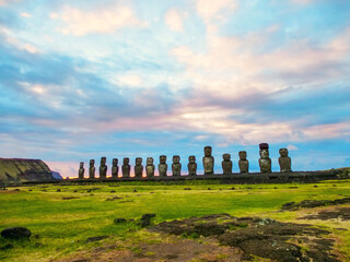Moai statues on Easter Island. Ahu Tongariki against Blue Sky, Chile, South America