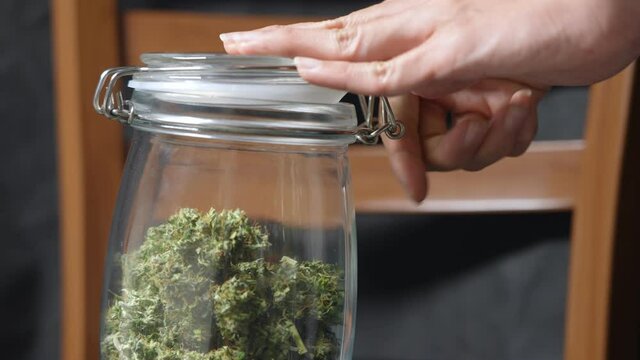 A young female hands opening lid pick up a dried flower herb inside a transparent jar with a black background, consuming marijuana for medical treatment, scientific experiment, botanical benefits