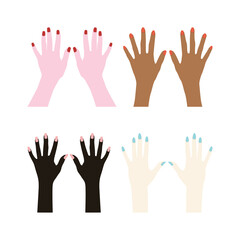 Obraz premium Women's hands. Racial diversity. Hand care, manicure. Beautiful hands with a variety of skin colors and colored manicure. Vector illustration isolated on a white background for design and web.
