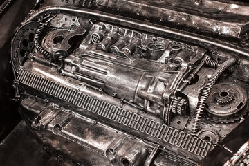 The car made of metal parts, screws, bolts, gears, nails. Engine, motor with pipes and wires....