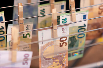 Euro notes on clothesline. Money laundering on clothesline. Money Laundering euro hung out to dry....